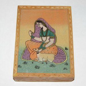 Handmade Trinket Keepsake Jewelry Box Wood Crushed Gemstones Rajasthani Artwork